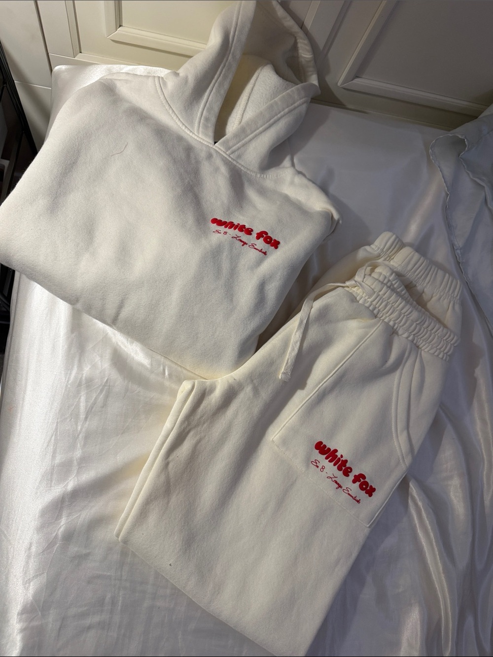 White Fox Boutique Cream Hoodie & Joggers Set with Red Logo